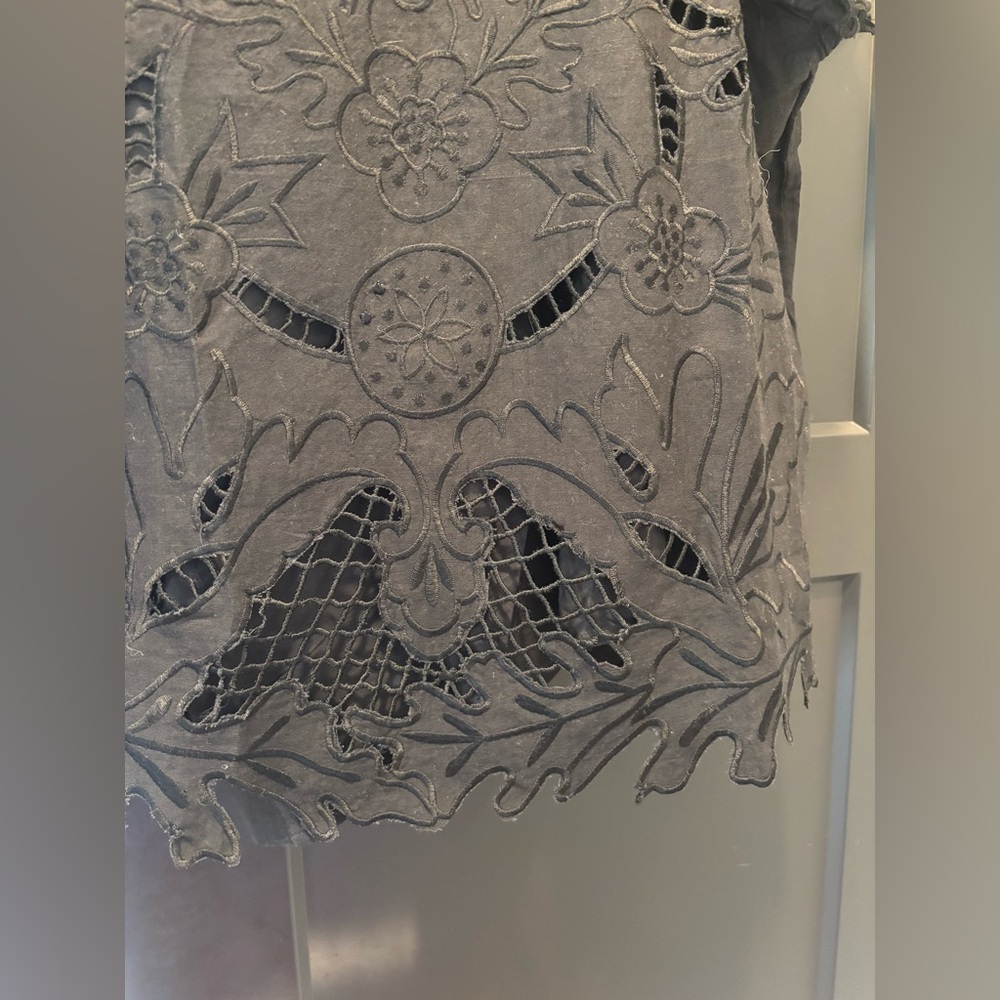 Sundance Ayre Lace Blouse Top Black Cutout Floral Ruffle Cotton Short Sleeve LG - Picture 6 of 13